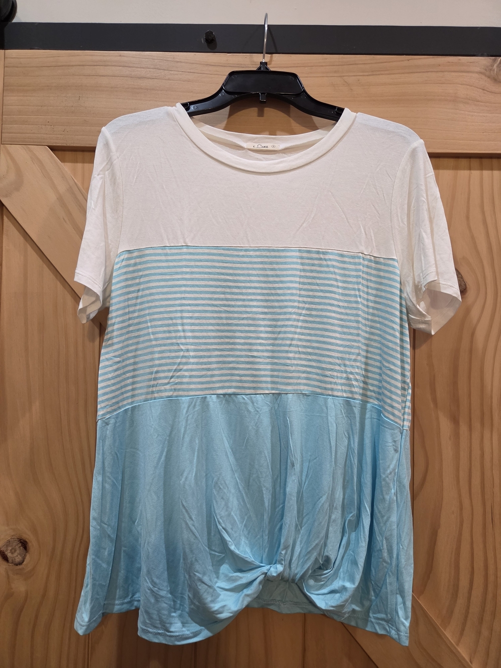 NWOT | E Luna Light Blue Colorblock Short Sleeve Knot Detail Top | Small